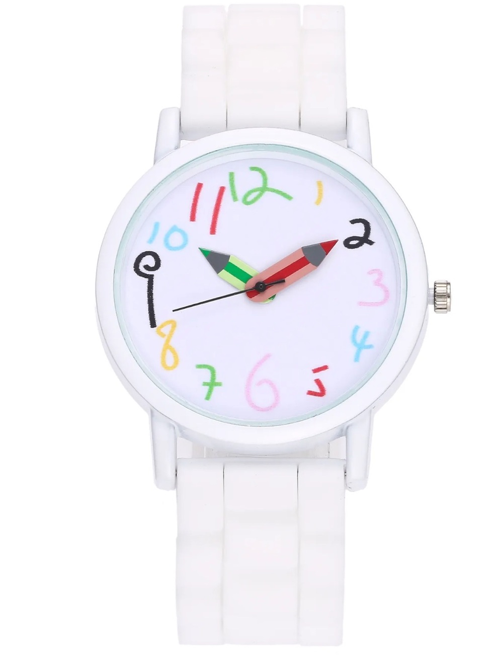 Kids White Silicone Watch with Colorful Pencil Hands